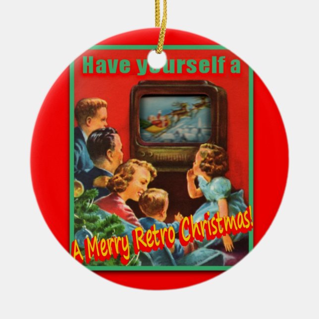 MerryRetroChrmsTV-CERAMIC Round Ornament (Front)