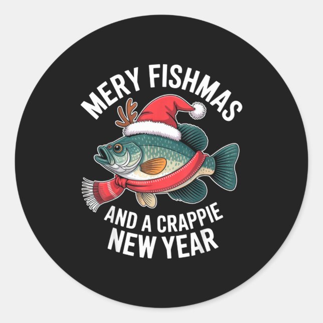 Mery Fishmas And A Crape New Year Funny Fishing Ch Classic Round Sticker (Front)