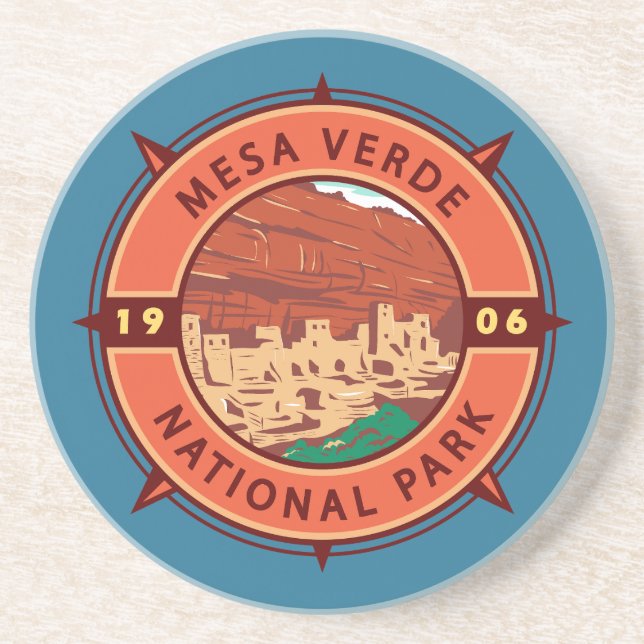 Mesa Verde National Park Retro Compass Emblem Coaster (Front)
