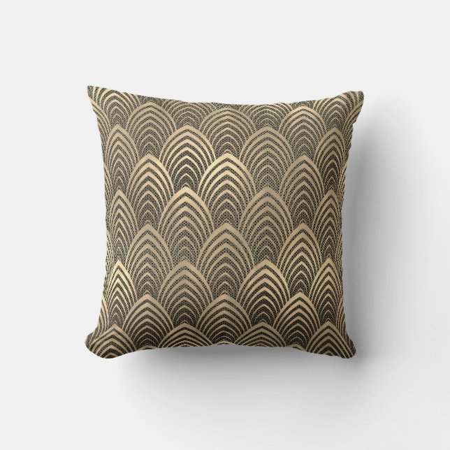 Mesh Sepia Gold Black Art Deco Seashells Scales Cushion (Front)