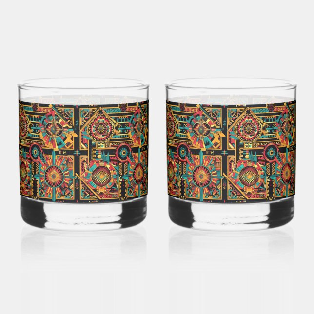 Mesmeric Cyan "Aztec Dream" Beverage Rocks Glasses (Front)