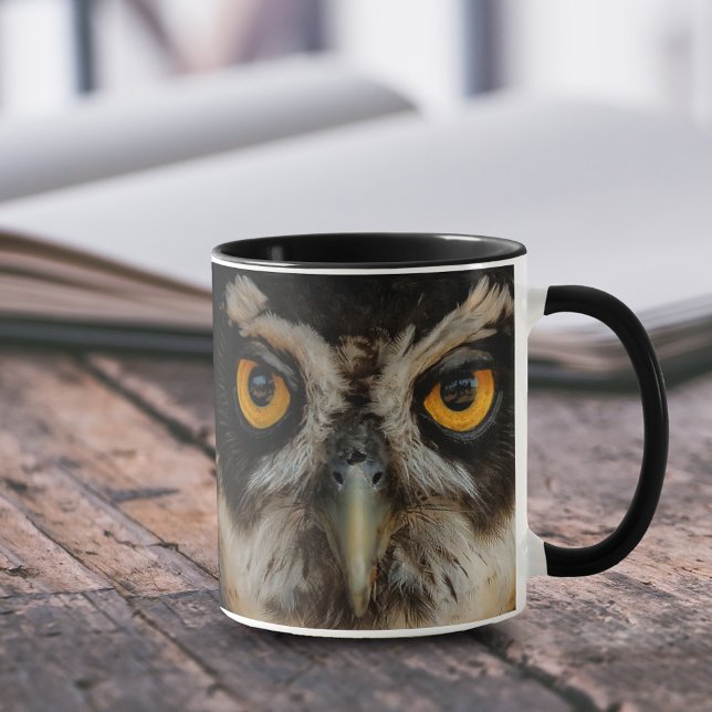 Mesmerising Golden Eyes of a Spectacled Owl Mug (Closeup of a Spectacled Owl 11 oz Coffee Mug Cover Photo.)