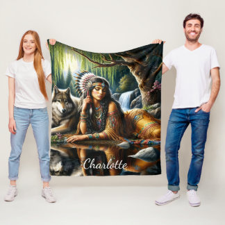 Mesmerising Indian woman with loyal wolf Fleece Blanket