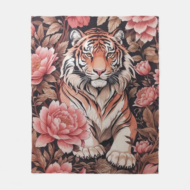 Mesmerising Tiger Pink Flowers Fleece Blanket (Front)
