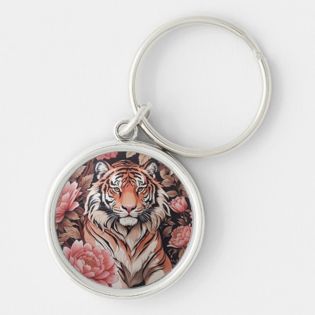 Mesmerising Tiger Pink Flowers Key Ring (Front)