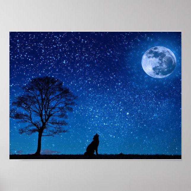 Mesmerising Wolf Howling on the Moon Poster (Front)