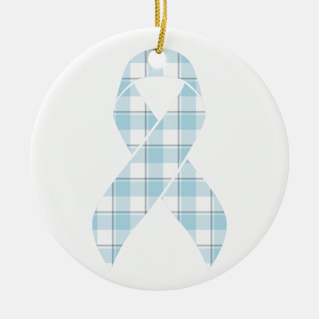 Mesothelioma Awareness Plaid Light Blue Ribbon Ceramic Ornament (Front)