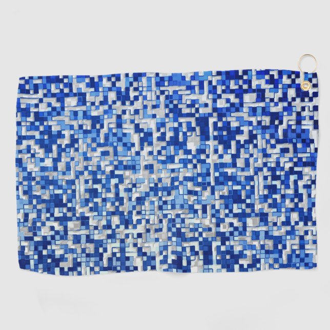 Mess of small squares, shades of blue with white golf towel (Horizontal)