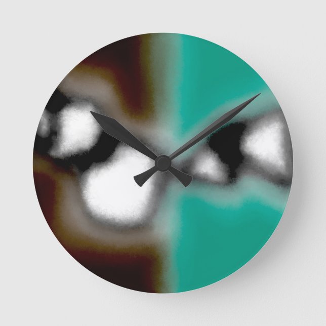 Message in a Bottle: Abstract Brown, Teal, B & W Round Clock (Front)