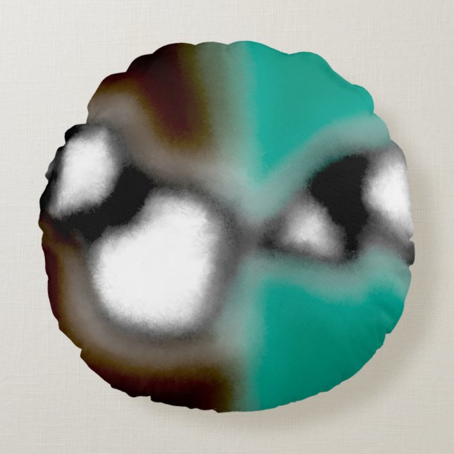 Message in a Bottle: Abstract Brown, Teal, B & W Round Cushion (Front)