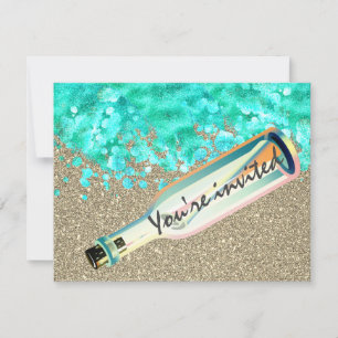 Message in a bottle beach sand ocean waves summer invitation