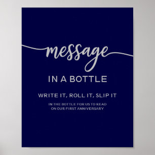 Message In A Bottle Elegant Navy Blue Silver Sign
