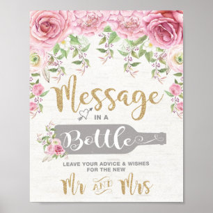 Message in a Bottle Floral Wedding Advice & Wishes Poster
