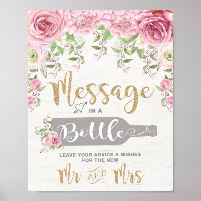 Message in a Bottle Floral Wedding Advice & Wishes Poster (Front)
