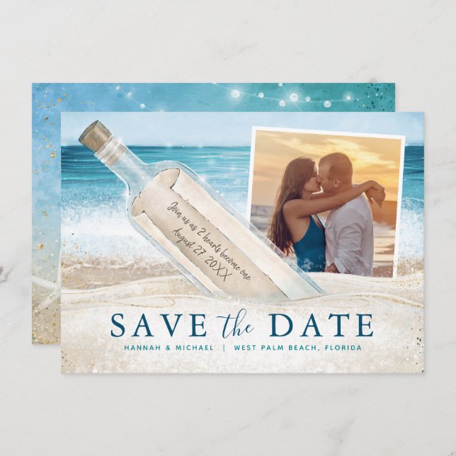 Message in a Bottle Photo Tropical Beach Wedding Save The Date (Front/Back)