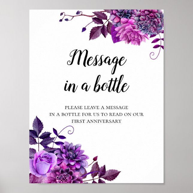 Message in a bottle print. Purple flowers wedding Poster (Front)