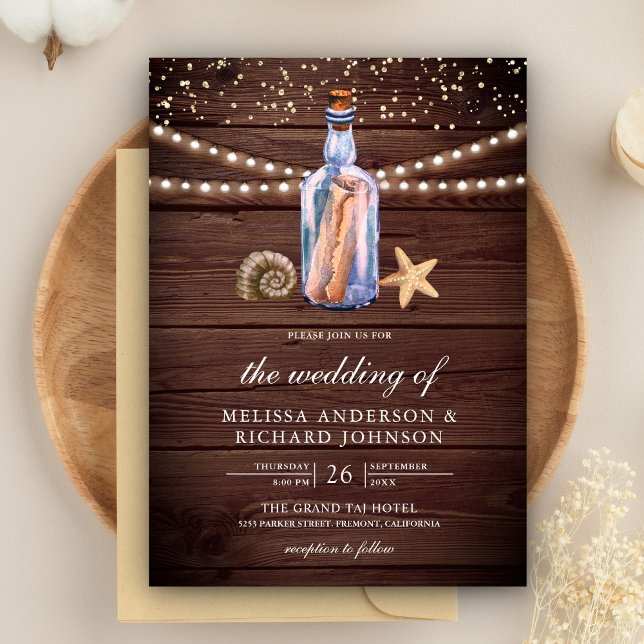 Message in a Bottle Rustic Wood Nautical Wedding Invitation (Creator Uploaded)