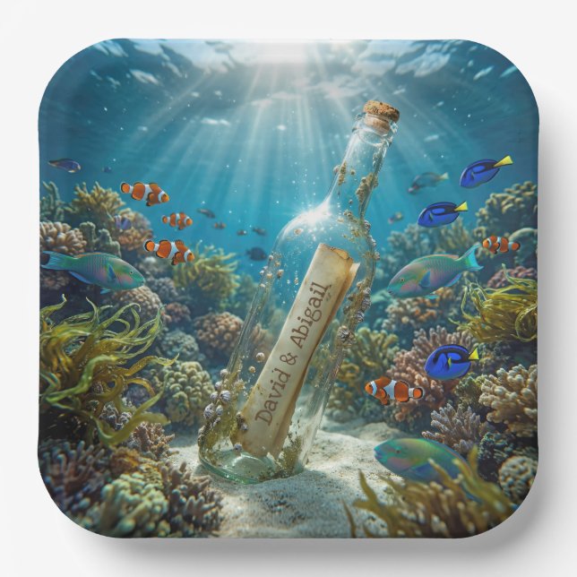 Message in a Bottle with Custom Names Paper Plate (Front)