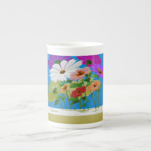 Message to mum with nice modern flower art on blue bone china mug