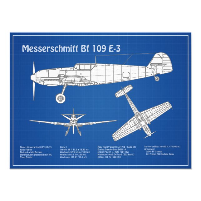 Messerschmitt Bf 109 - Aeroplane Blueprint ABD Photo Print (Front)