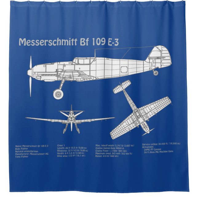 Messerschmitt Bf 109 - Aeroplane Blueprint ABD Shower Curtain (Front)