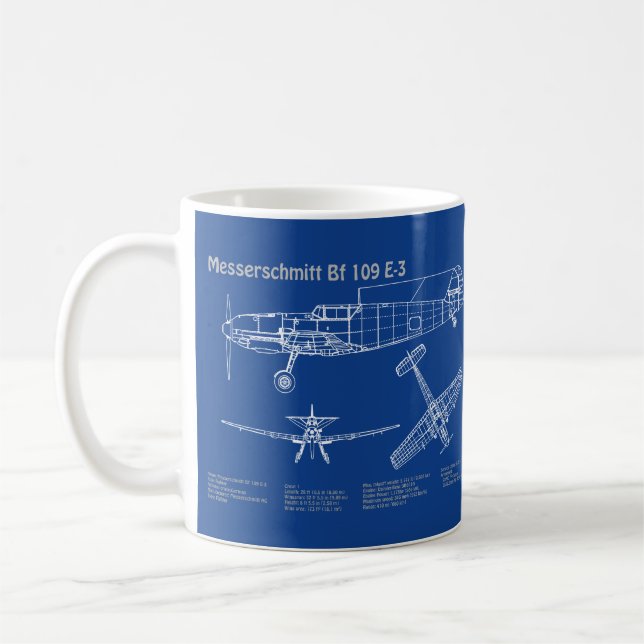 Messerschmitt Bf 109 - Aeroplane Blueprint AD Coffee Mug (Left)