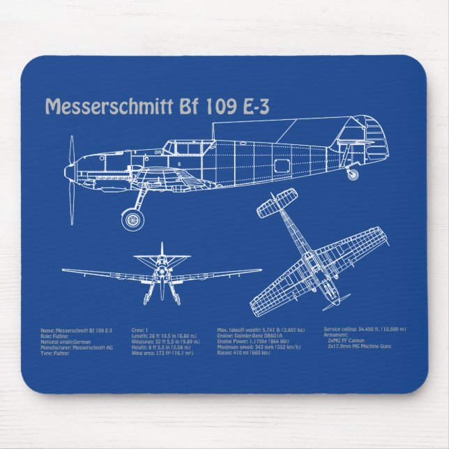 Messerschmitt Bf 109 - Aeroplane Blueprint AD Mouse Pad (Front)