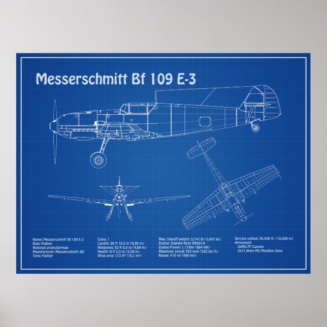 Messerschmitt Bf 109 - Aeroplane Blueprint AD Poster (Front)