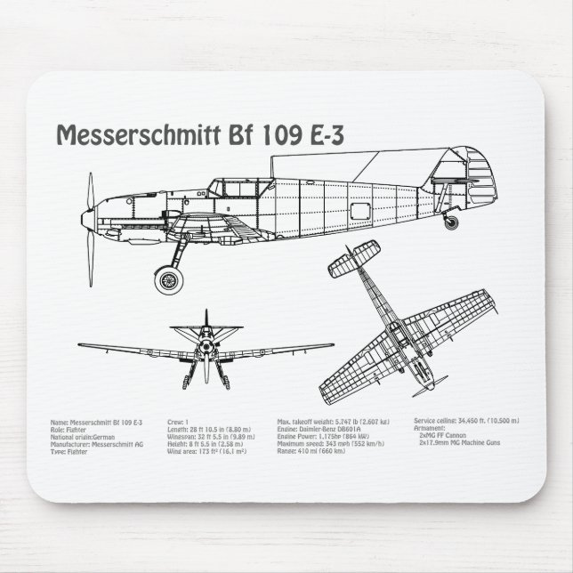Messerschmitt Bf 109 - Aeroplane Blueprint BD Mouse Pad (Front)