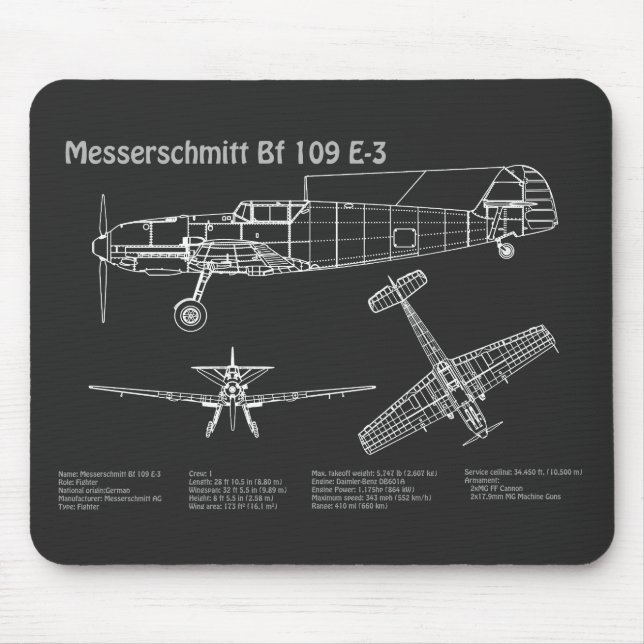 Messerschmitt Bf 109 - Aeroplane Blueprint PD Mouse Pad (Front)