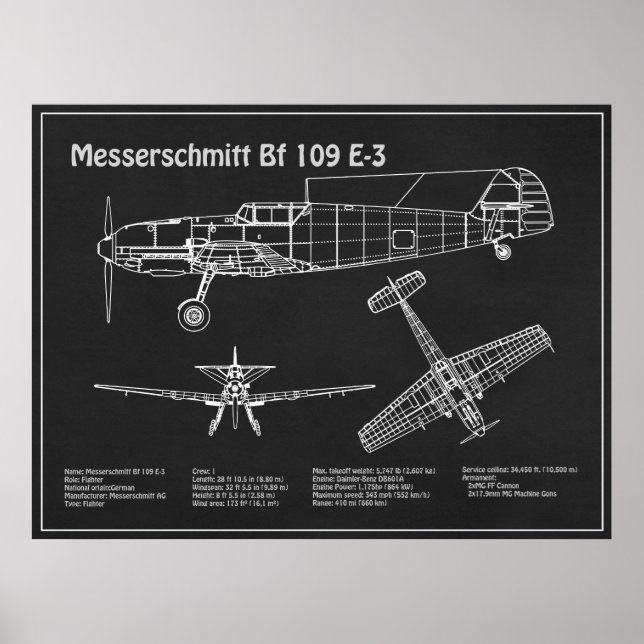 Messerschmitt Bf 109 - Aeroplane Blueprint PD Poster (Front)