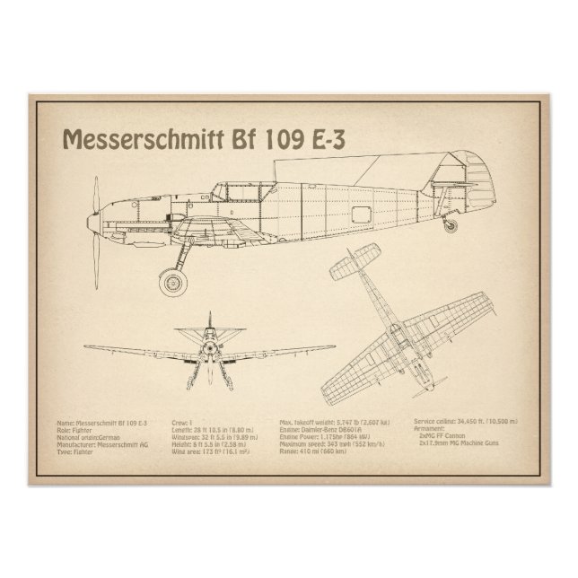 Messerschmitt Bf 109 - Aeroplane Blueprint SD Photo Print (Front)