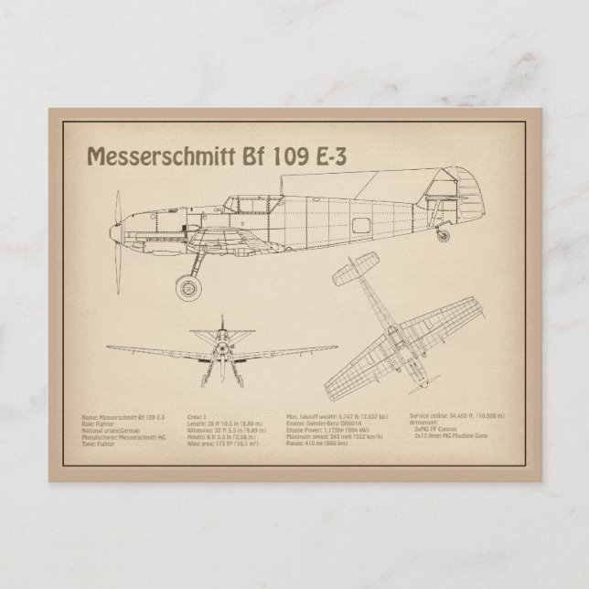 Messerschmitt Bf 109 - Aeroplane Blueprint SD Postcard (Front)