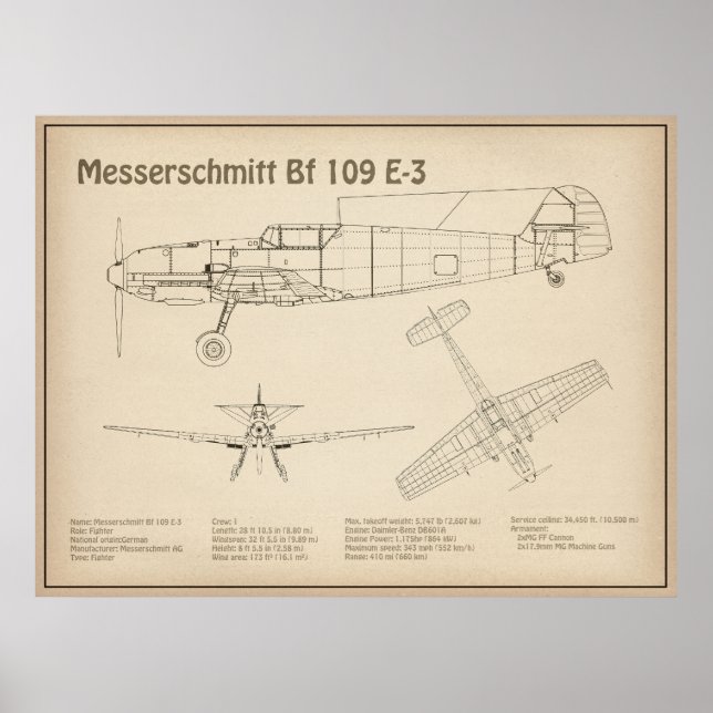 Messerschmitt Bf 109 - Aeroplane Blueprint SD Poster (Front)