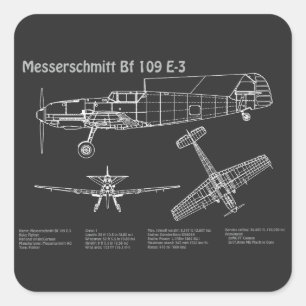 Messerschmitt Bf 109 - Airplane Blueprint PD Square Sticker
