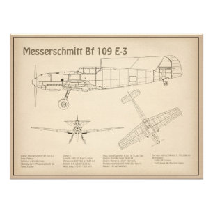 Messerschmitt Bf 109 - Airplane Blueprint SD Photo Print