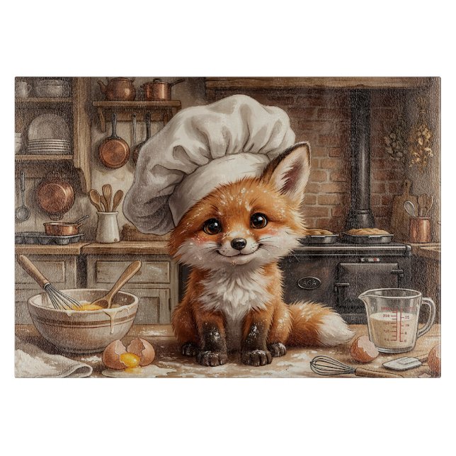 Messy Baking Fox Glass Cutting Board (Front)