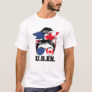 Messy Bun American Canadian Flag Sunglasses US EH T-Shirt