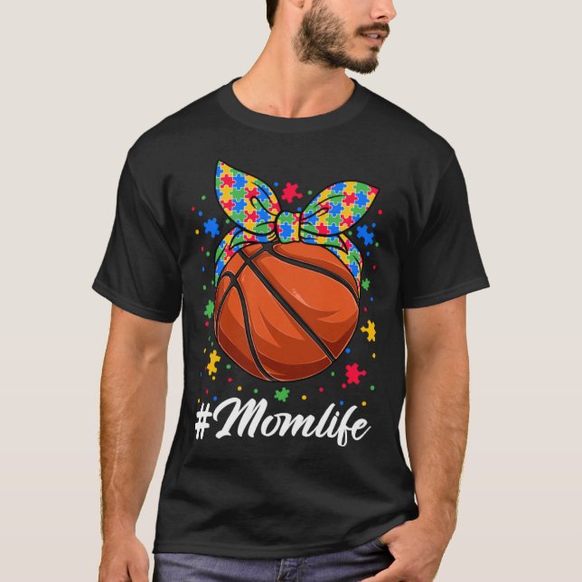 Messy Bun Basketball Ball Puzzle Mum Life Autism A T-Shirt (Front)