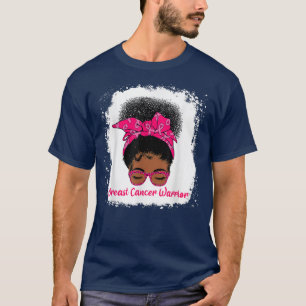 Messy Bun Black Women Ribbon Pink Breast Cancer Wa T-Shirt