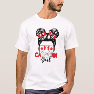 Messy Bun Canadian Girl Maple Leaf Canada Flag Sun T-Shirt