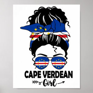 Messy Bun Cape Verdean Girl And Cape Verde Flag Gl Poster