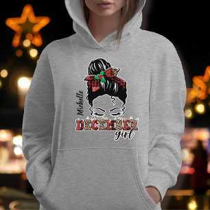 Messy Bun December Girl Leopard Plaid Typography Hoodie
