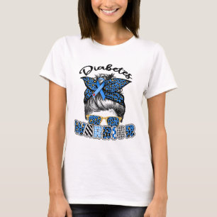 Messy Bun Diabetes Warrior Blue Leopard Awareness T-Shirt