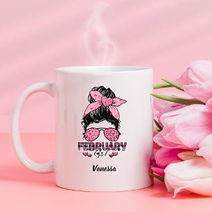 Messy Bun February Girl Leopard Plaid Pink Hearts Coffee Mug