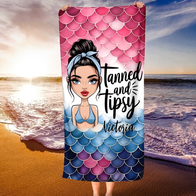 Messy Bun Fish Scales Tanned and Tipsy Custom Name Beach Towel (Creator Uploaded)