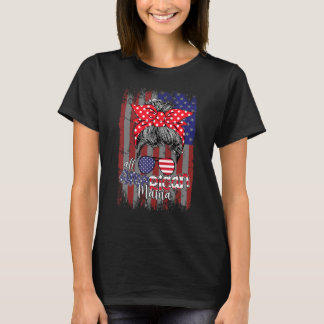 Messy Bun Girl With American Flag Pattern And Blea T-Shirt