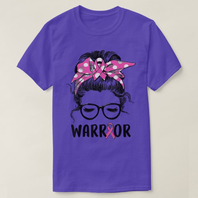 Messy bun glasses wear pink warrior breast cancer  T-Shirt (Design Front)