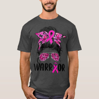 Messy bun glasses wear pink warrior breast cancer  T-Shirt