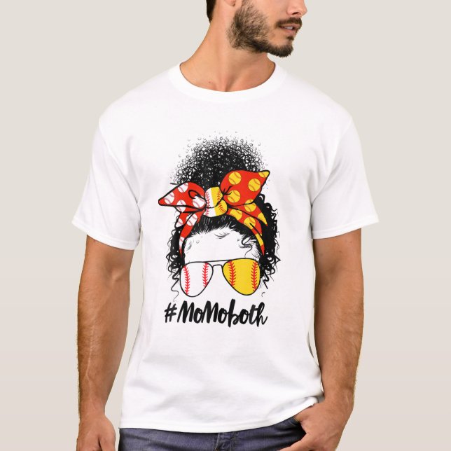 Messy Bun Hair African Afro Mom Of Both Softball B T-Shirt (Front)